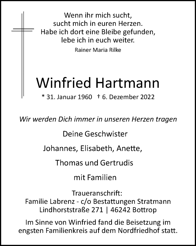 Traueranzeigen Von Winfried Hartmann Trauer In Nrw De