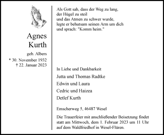 Traueranzeigen Von Agnes Kurth Trauer In NRW De