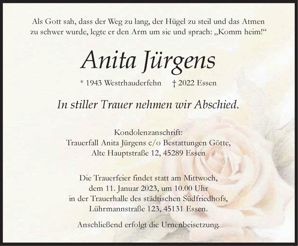 Traueranzeigen Von Anita J Rgens Trauer In Nrw De