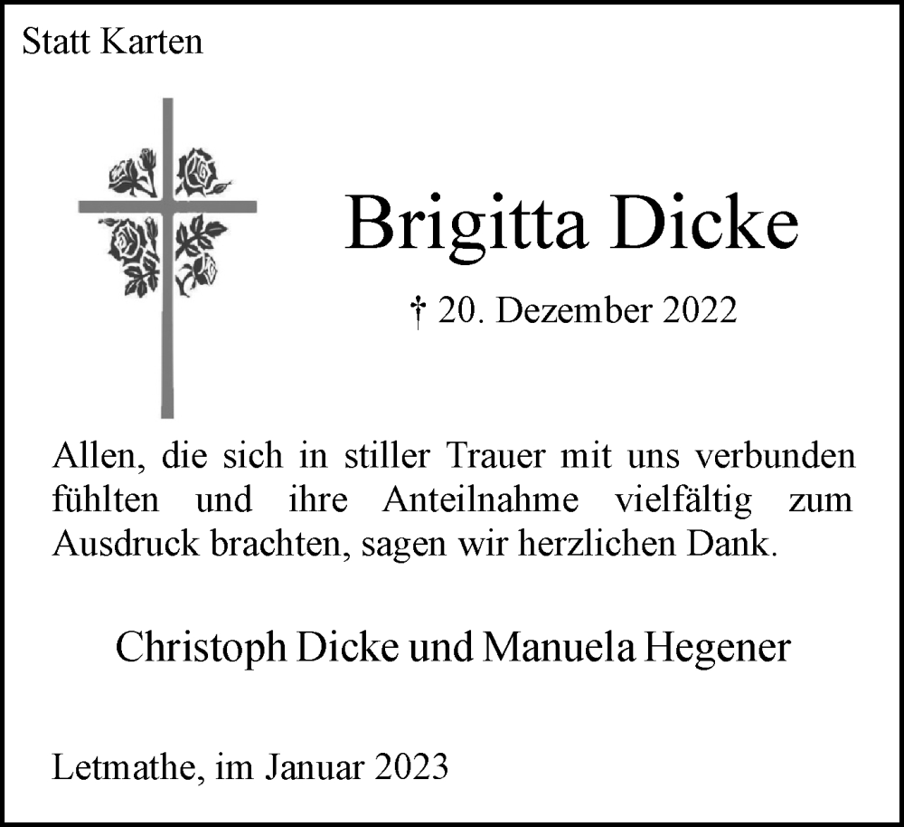 Traueranzeigen Von Brigitta Dicke Trauer In NRW De