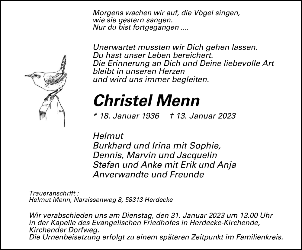 Traueranzeigen Von Christel Menn Trauer In Nrw De