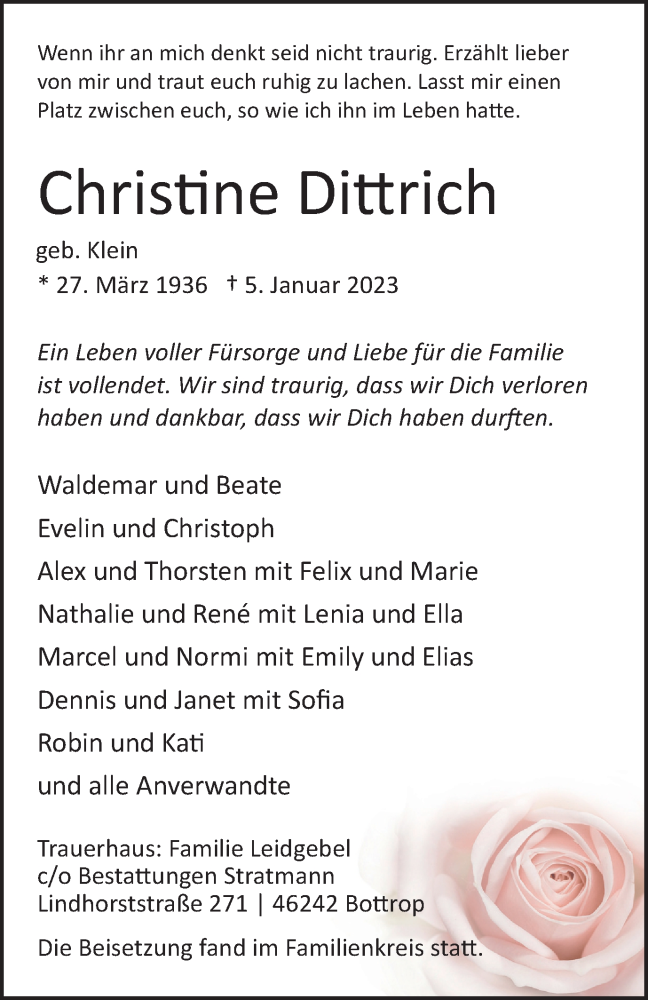 Traueranzeigen Von Christine Dittrich Trauer In NRW De