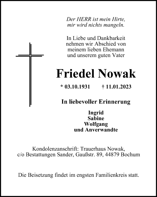 Traueranzeigen Von Friedel Nowak Trauer In Nrw De