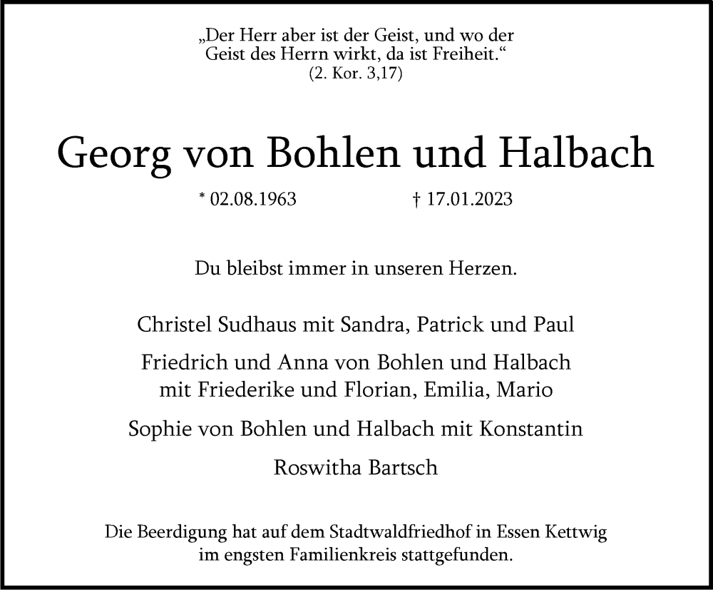 Traueranzeigen Von Georg Von Bohlen Und Halbach Trauer In NRW De