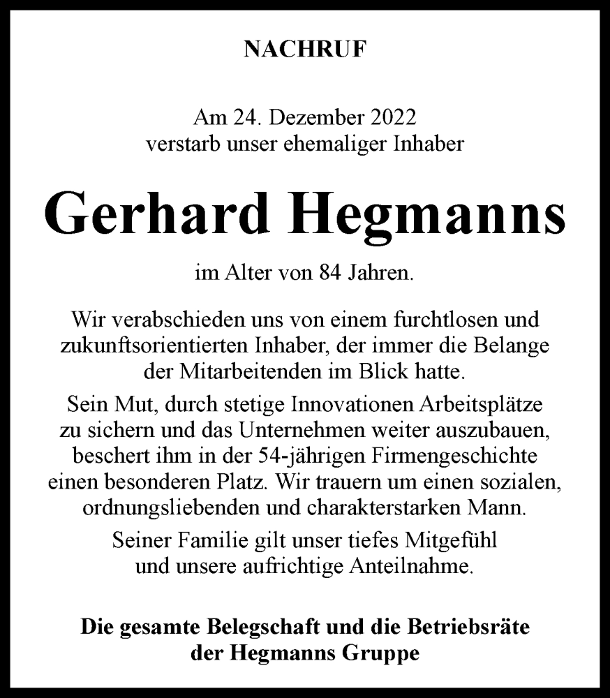 Traueranzeigen Von Gerhard Hegmanns Trauer In Nrw De