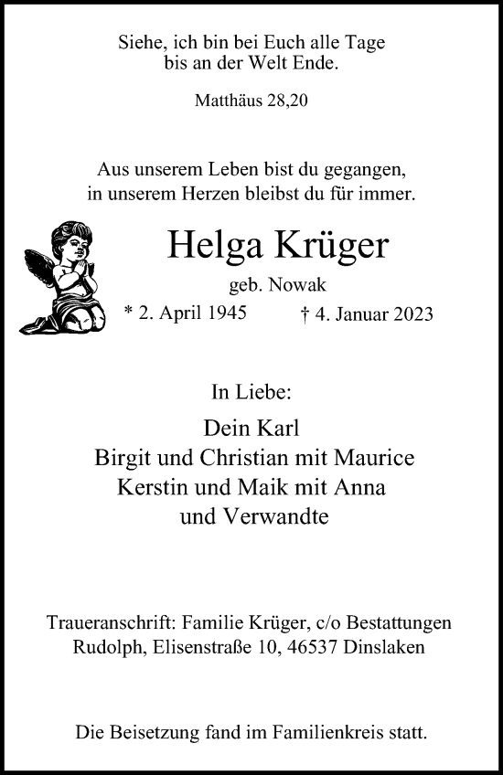 Traueranzeigen von Helga Krüger Trauer in NRW de