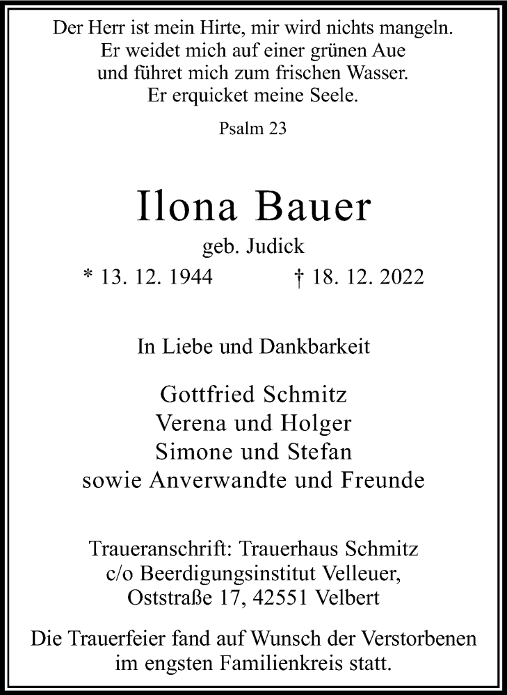 Traueranzeigen Von Ilona Bauer Trauer In NRW De