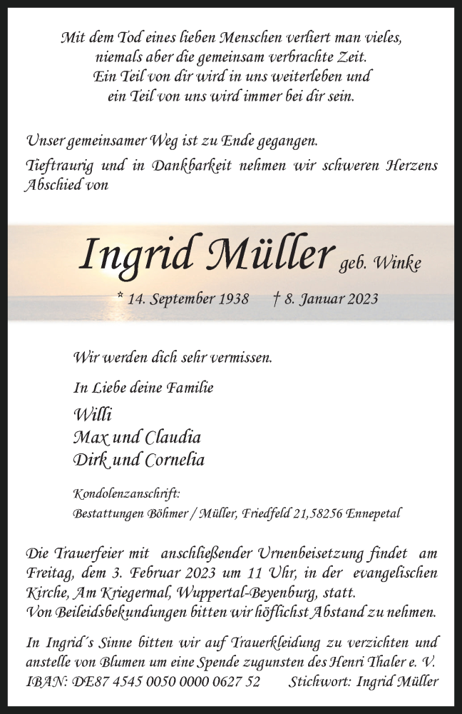 Traueranzeigen von Ingrid Müller Trauer in NRW de