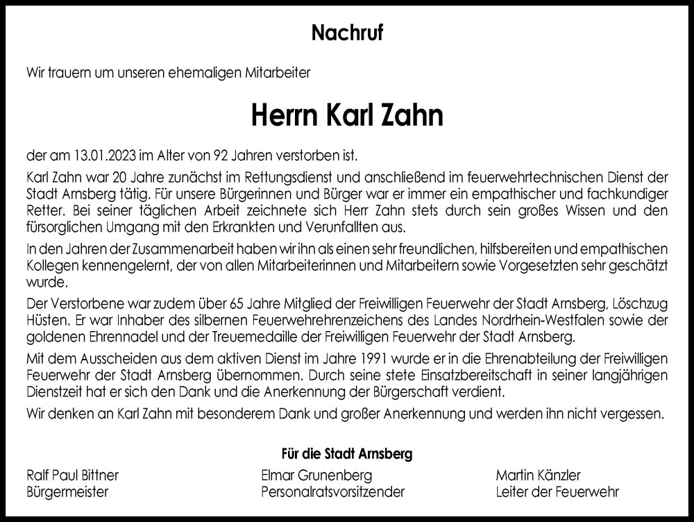 Traueranzeigen Von Karl Zahn Trauer In Nrw De