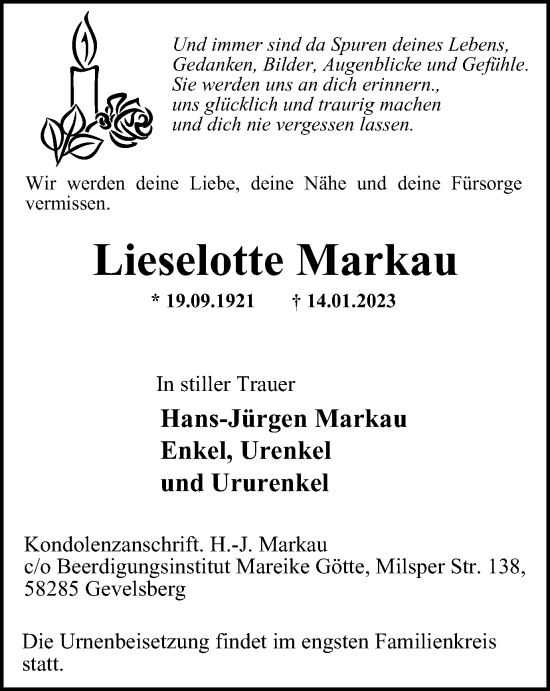 Traueranzeigen Von Lieselotte Markau Trauer In NRW De