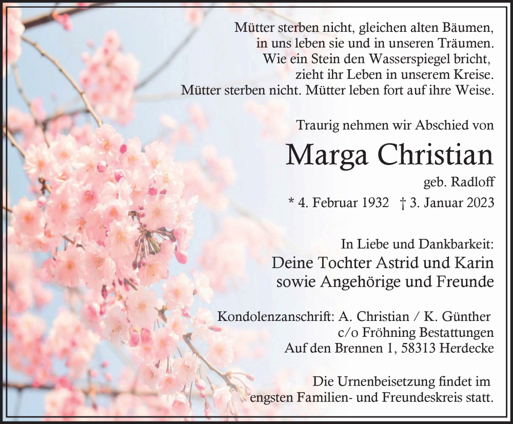 Traueranzeigen Von Marga Christian Trauer In Nrw De