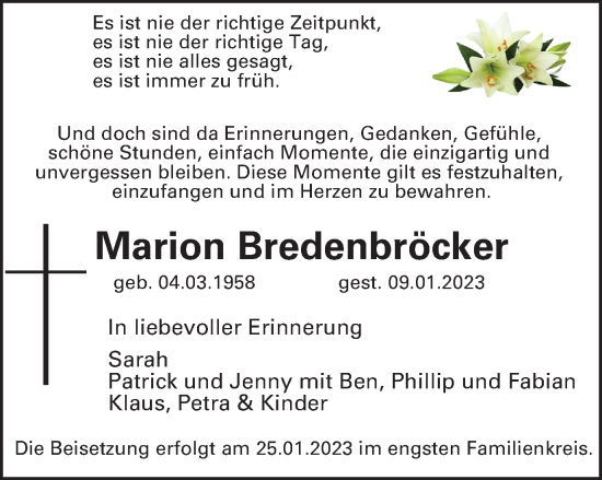 Traueranzeigen von Marion Bredenbröcker Trauer in NRW de