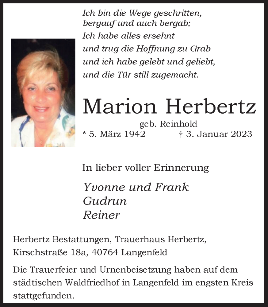 Traueranzeigen Von Marion Herbertz Trauer In NRW De