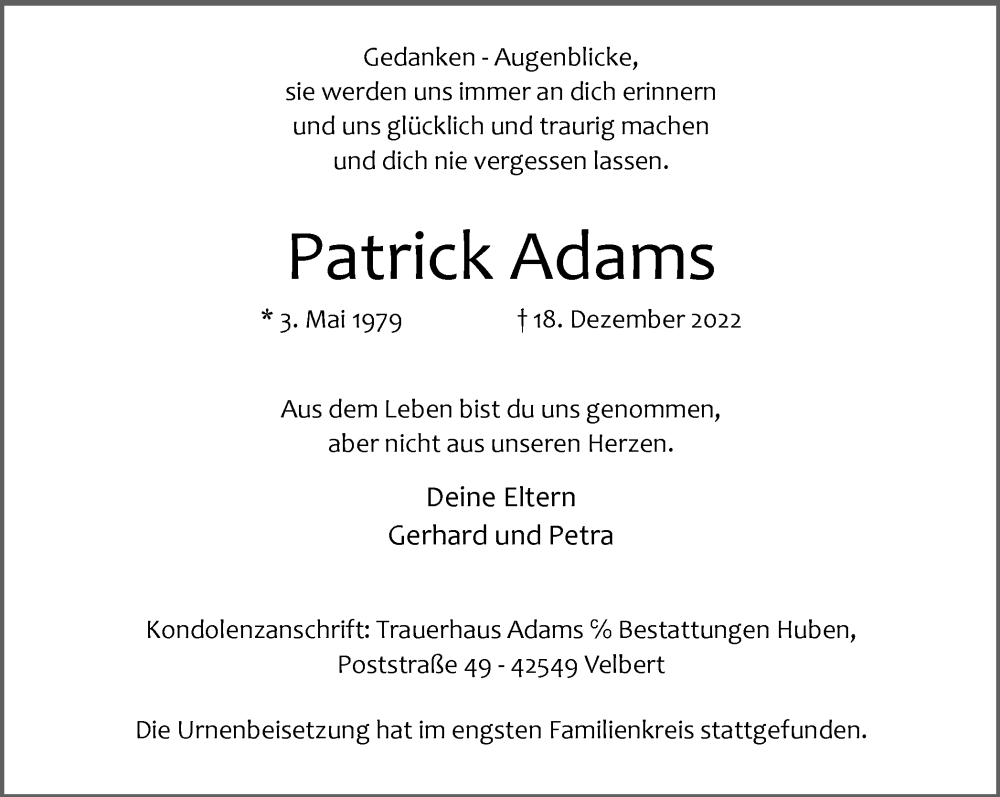 Traueranzeigen Von Patrick Adams Trauer In NRW De