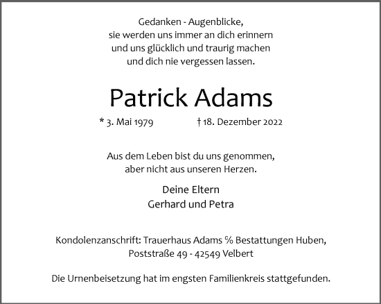 Traueranzeigen Von Patrick Adams Trauer In NRW De