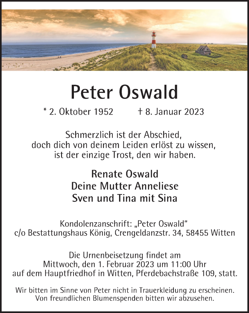 Traueranzeigen Von Peter Oswald Trauer In Nrw De