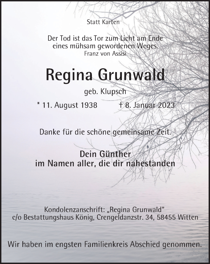 Traueranzeigen Von Regina Grunwald Trauer In Nrw De