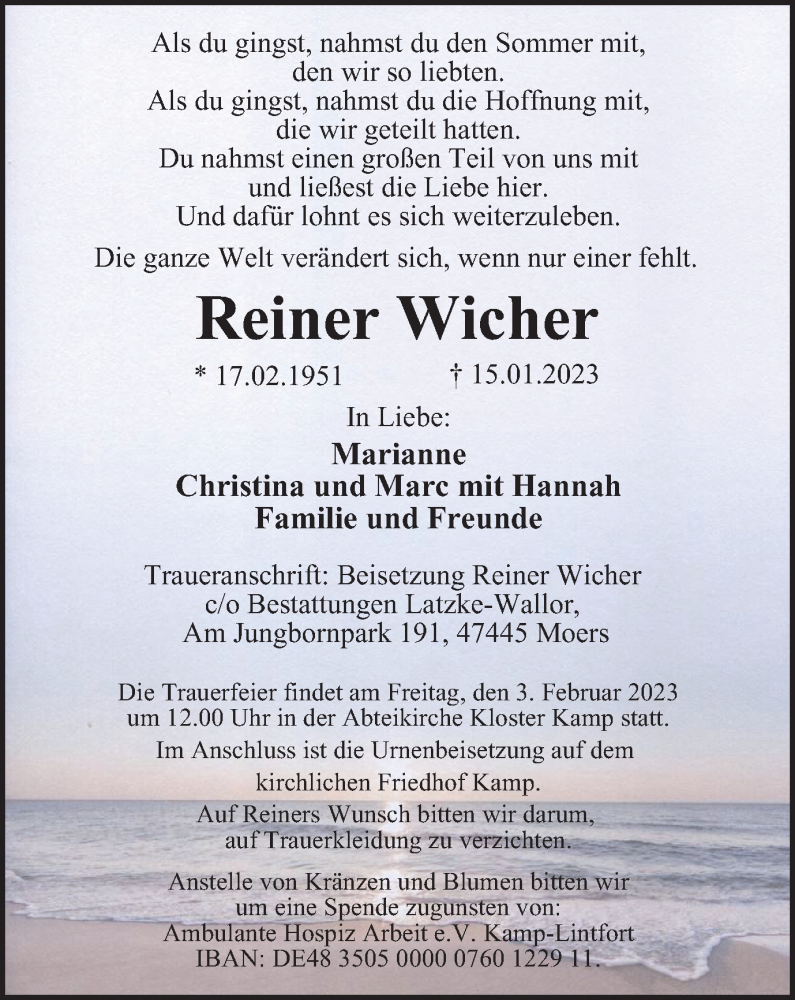 Traueranzeigen Von Reiner Wicher Trauer In NRW De