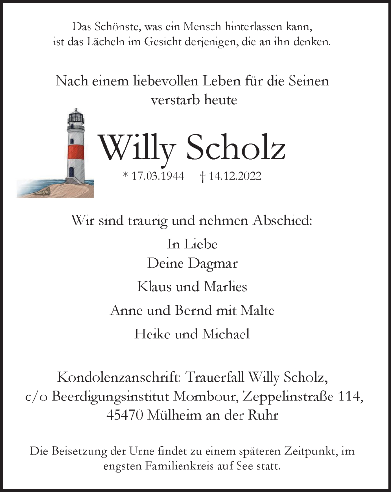 Traueranzeigen Von Willy Scholz Trauer In Nrw De