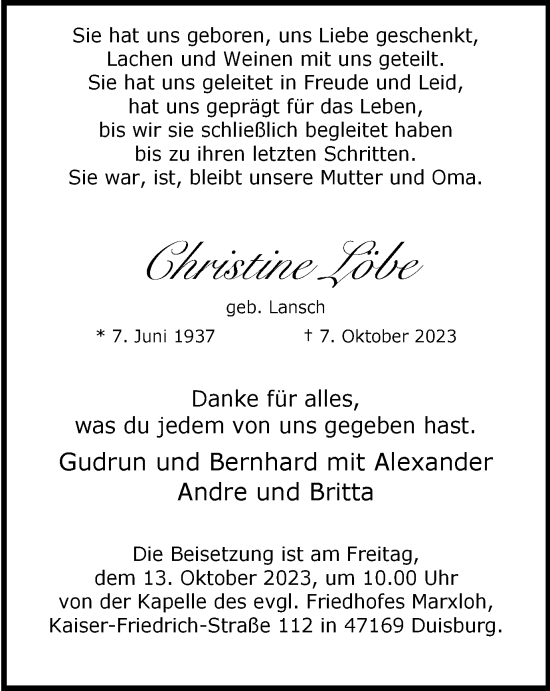 Traueranzeigen von Christine Löbe Trauer in NRW de