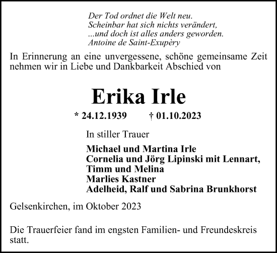 Traueranzeigen Von Erika Irle Trauer In NRW De