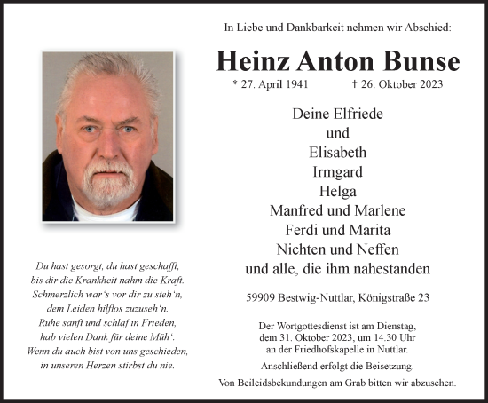 Traueranzeigen Von Heinz Anton Bunse Trauer In NRW De