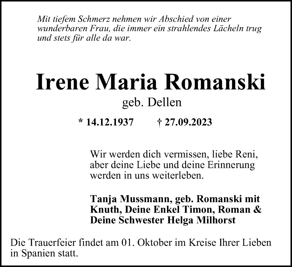 Traueranzeigen Von Irene Maria Romanski Trauer In Nrw De