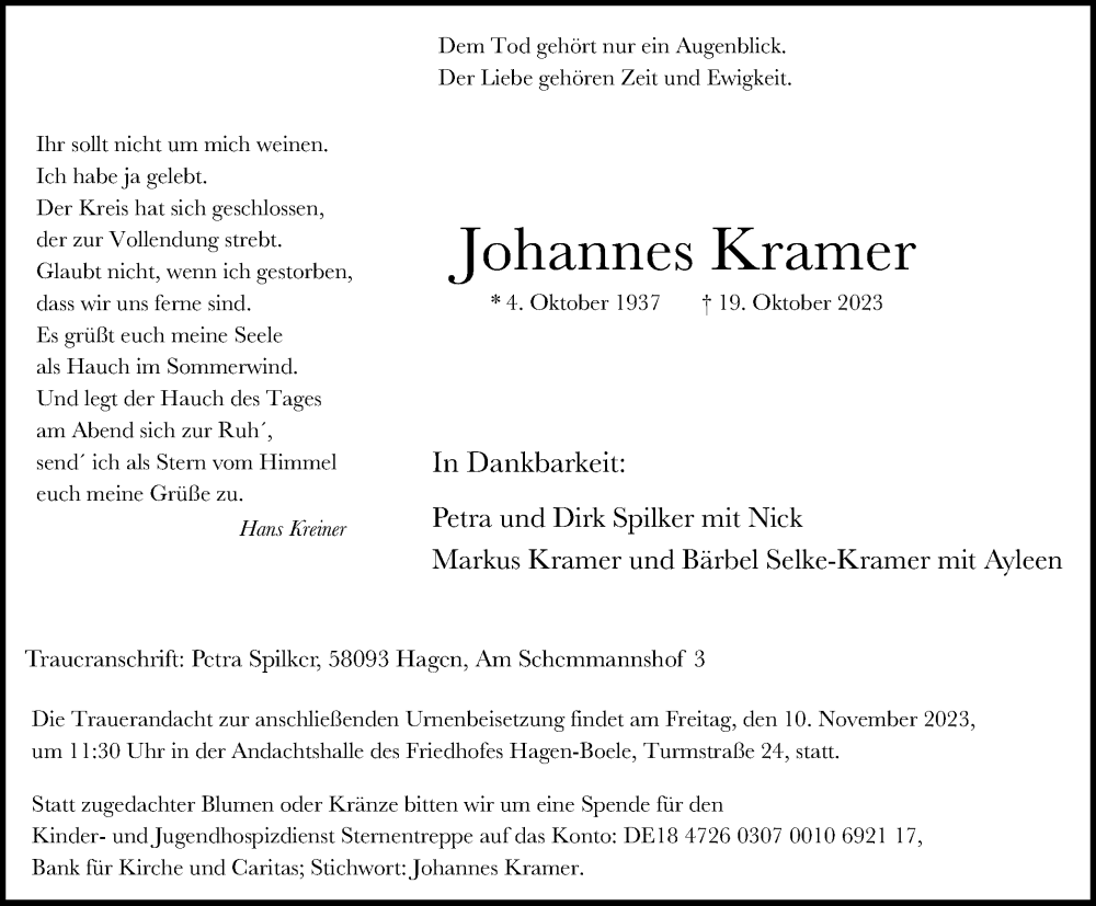 Traueranzeigen Von Johannes Kramer Trauer In Nrw De