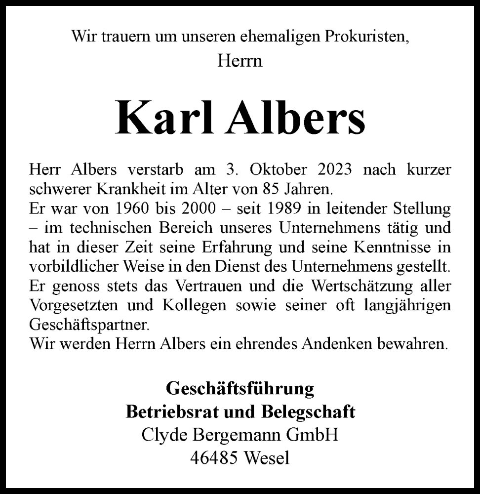 Traueranzeigen Von Karl Albers Trauer In NRW De