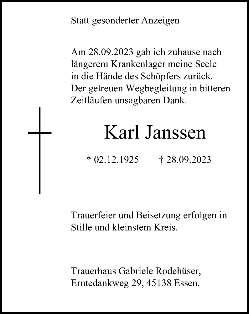 Traueranzeigen Von Karl Janssen Trauer In Nrw De