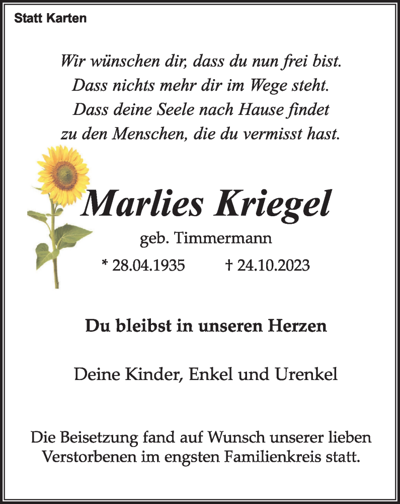 Traueranzeigen Von Marlies Kriegel Trauer In NRW De