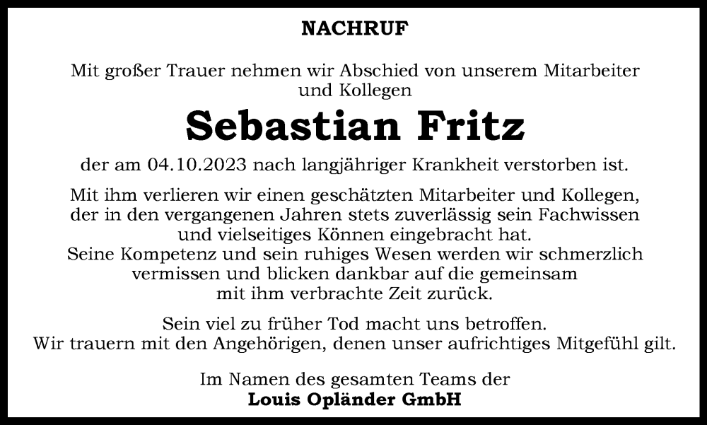 Traueranzeigen Von Sebastian Fritz Trauer In NRW De