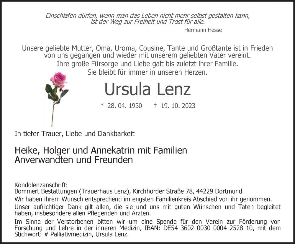 Traueranzeigen Von Ursula Lenz Trauer In NRW De