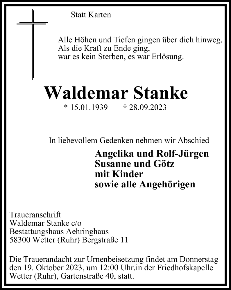 Traueranzeigen Von Waldemar Stanke Trauer In NRW De