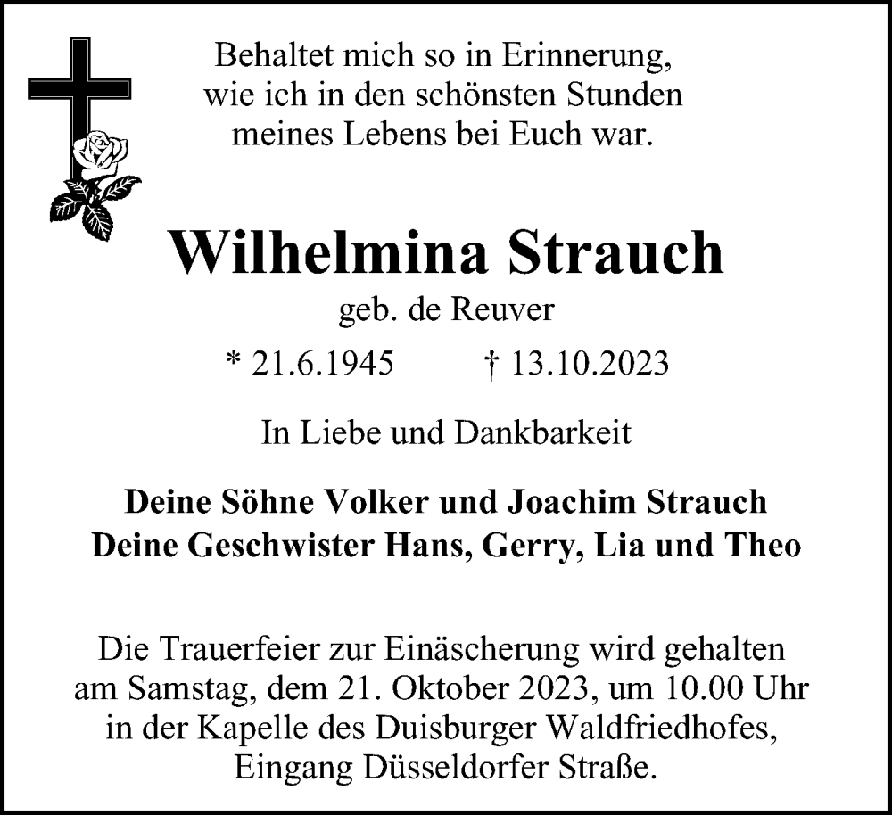 Traueranzeigen Von Wilhelmina Strauch Trauer In NRW De