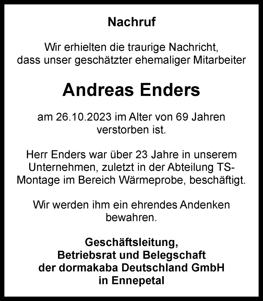 Traueranzeigen Von Andreas Enders Trauer In Nrw De