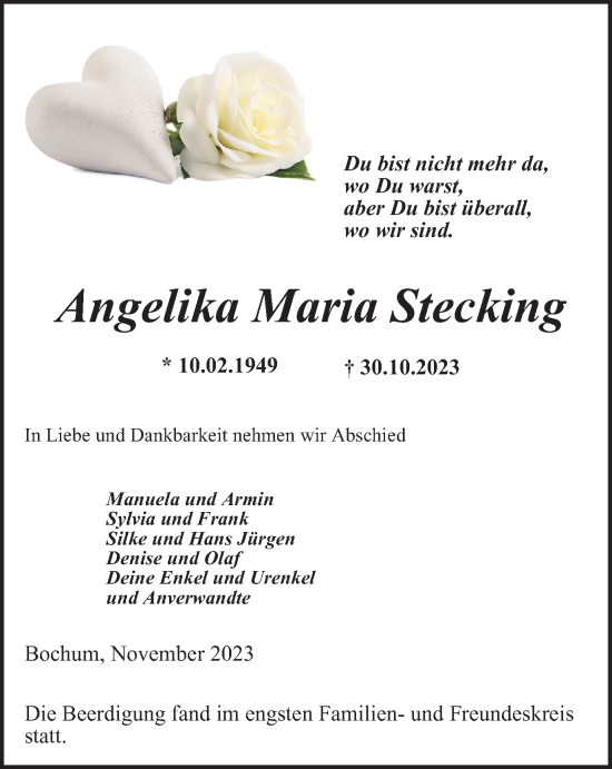 Traueranzeigen Von Angelika Maria Stecking Trauer In Nrw De