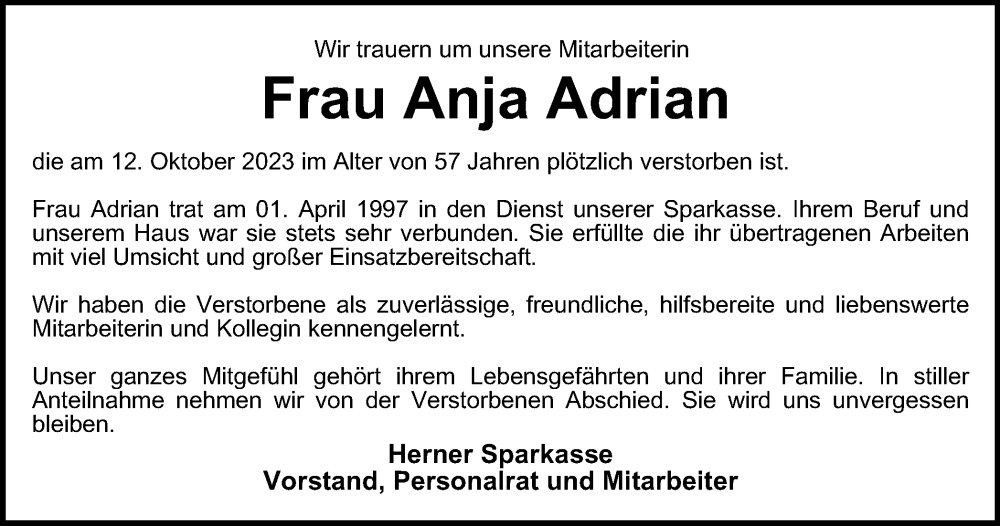 Traueranzeigen Von Anja Adrian Trauer In NRW De