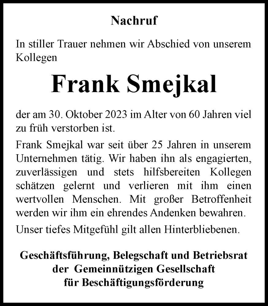 Traueranzeigen Von Frank Smejkal Trauer In Nrw De