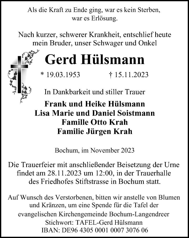 Traueranzeigen von Gerd Hülsmann Trauer in NRW de