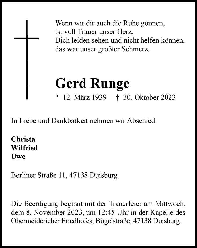 Traueranzeigen Von Gerd Runge Trauer In NRW De