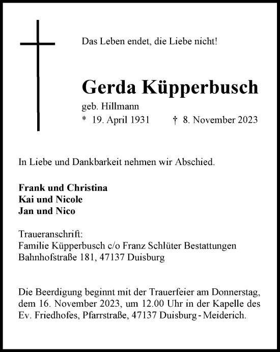 Traueranzeigen Von Gerda K Pperbusch Trauer In Nrw De