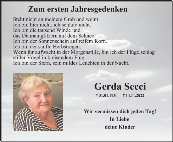 Traueranzeigen Von Gerda Secci Trauer In NRW De