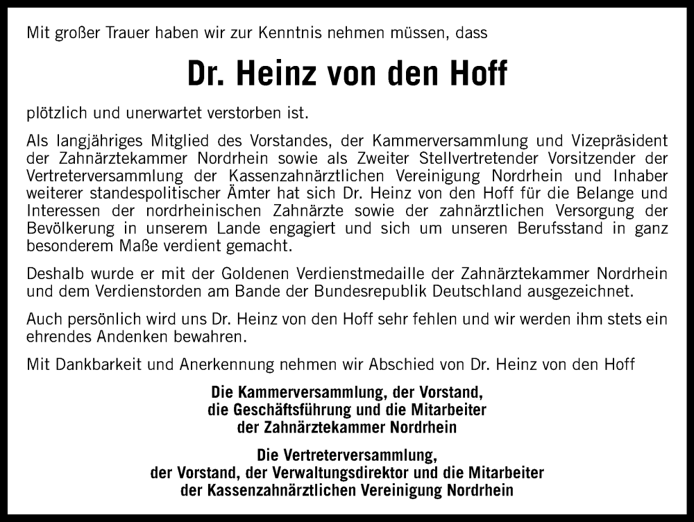 Traueranzeigen Von Heinz Von Den Hoff Trauer In NRW De