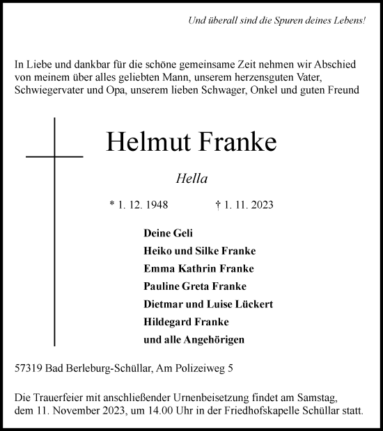 Traueranzeigen Von Helmut Franke Trauer In Nrw De