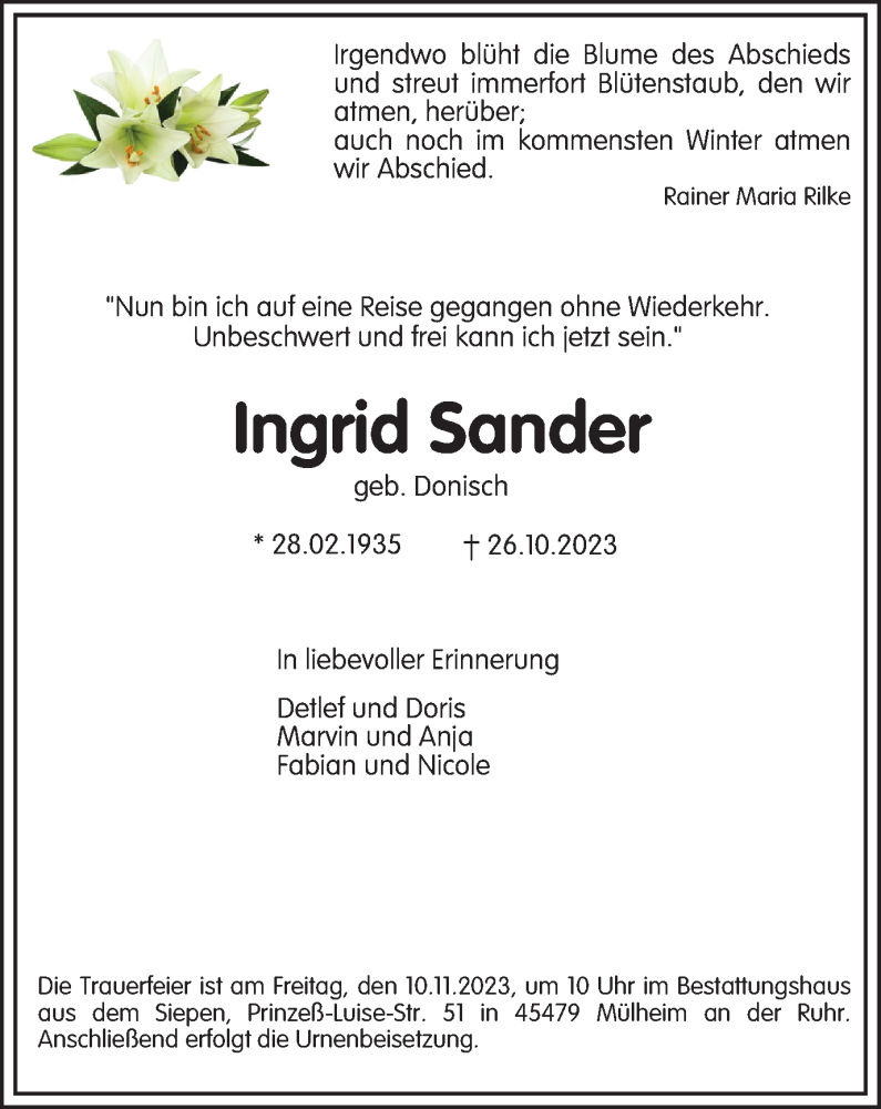 Traueranzeigen Von Ingrid Sander Trauer In Nrw De