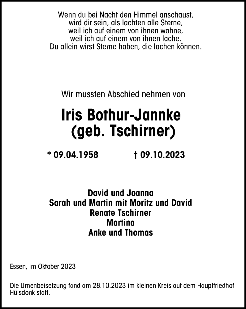 Traueranzeigen Von Iris Bothur Jannke Trauer In NRW De