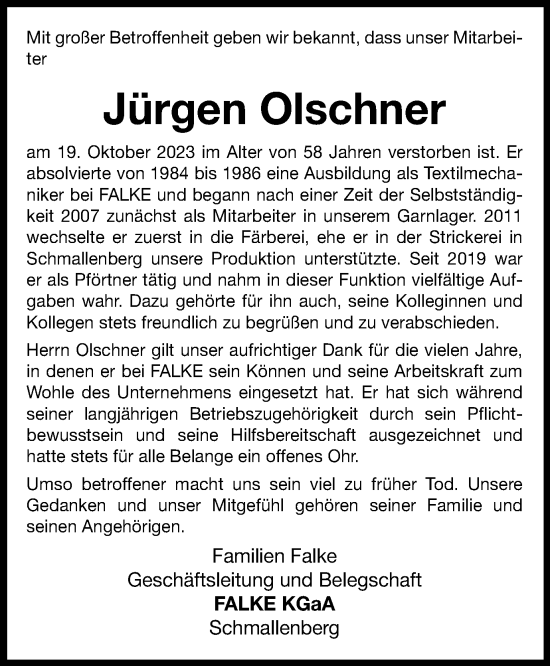 Traueranzeigen von Jürgen Olschner Trauer in NRW de