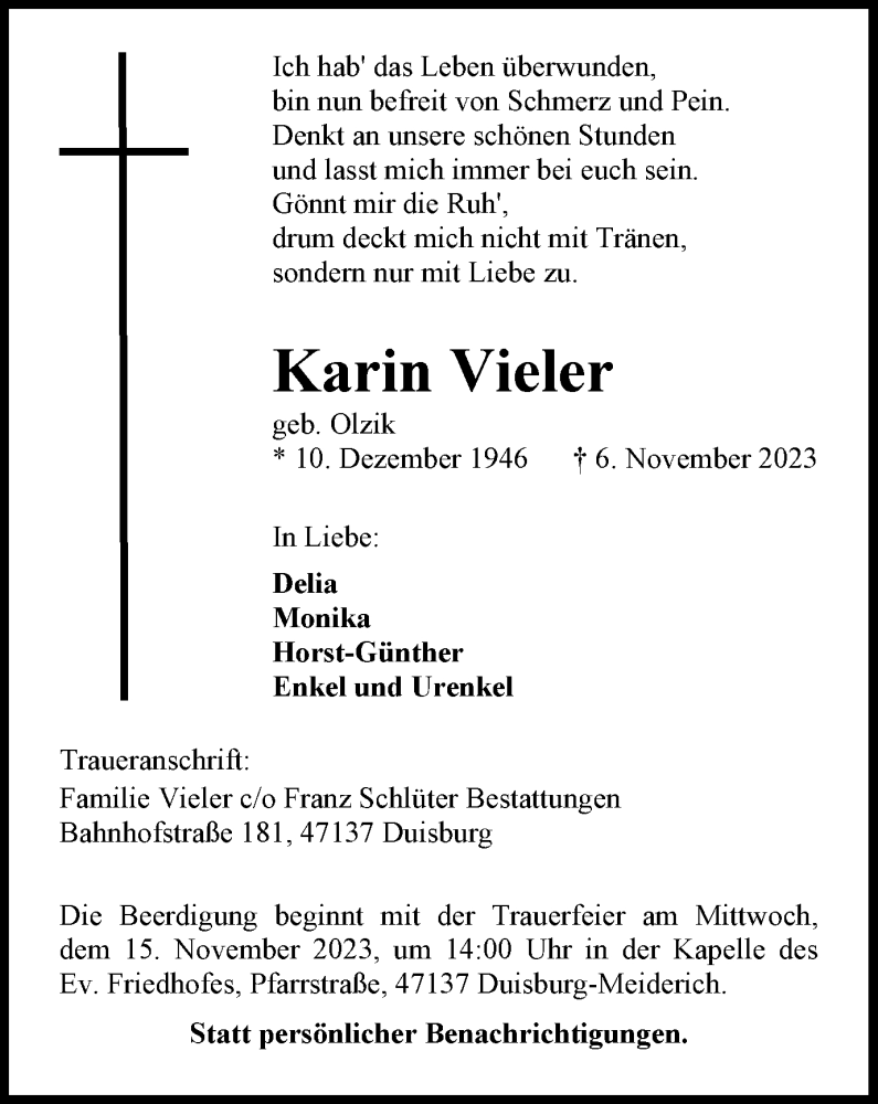 Traueranzeigen Von Karin Vieler Trauer In Nrw De