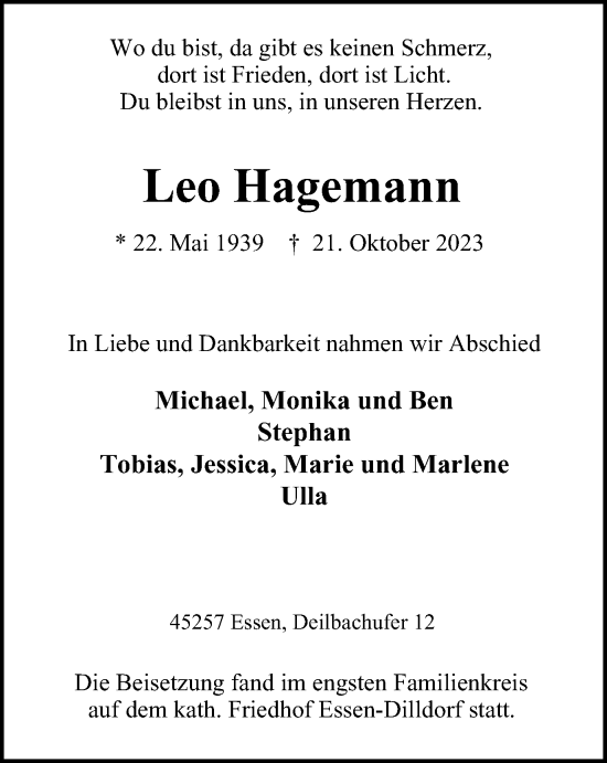 Traueranzeigen Von Leo Hagemann Trauer In Nrw De